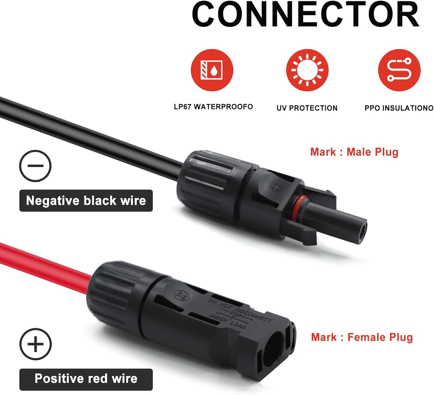 Twin Wire 50FT Solar Extension Cable - 10AWG (6mm) Black & Red with IP67 Solar Panel Connectors for Outdoor & Marine Use