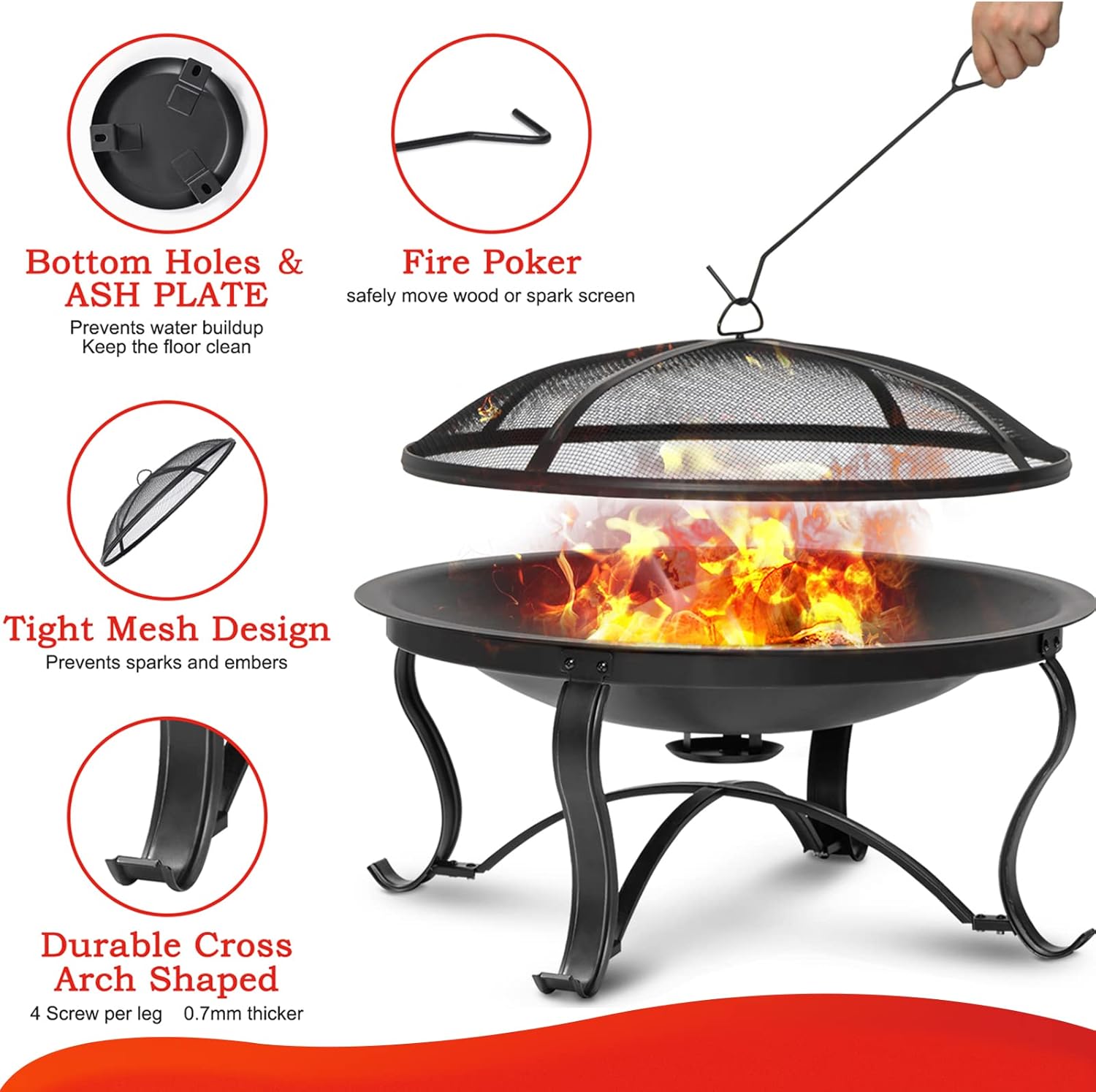 SINGLYFIRE 29 inch Fire Pits for Outside Firepit Outdoor Wood Burning Bonfire Pit Steel Firepit Bowl for Patio Backyard Camping,with Ash Plate,Spark Screen,Log Grate,Poker, bronze