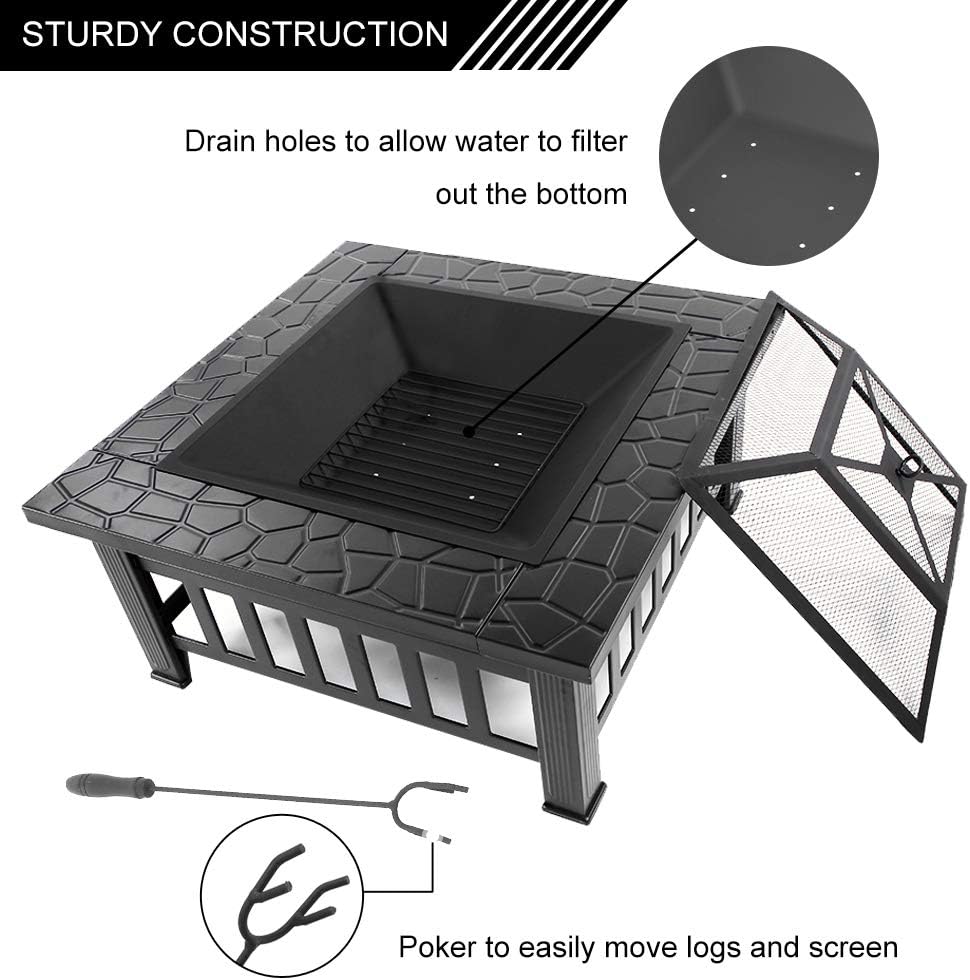32 Inch Outdoor Metal Square Patio Table Fire Pit, Multifunctional Terrace Backyard BBQ Grill Garden Stove Ice Pit - Wood Burning Fireplace with Mesh Spark Screen Top, Wood Grate and Poker