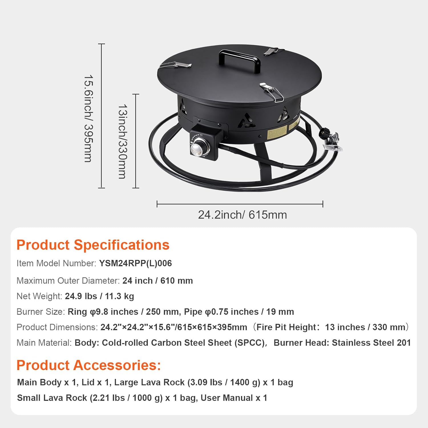 Happybuy Propane Fire Pit, 24-Inch Diameter Outdoor Portable Gas Fire Pit with Cover & Lava Rocks, Adjustable Flame Height Camping Firepit for Heating, Lighting, Gathering, 58,000 BTU, Black
