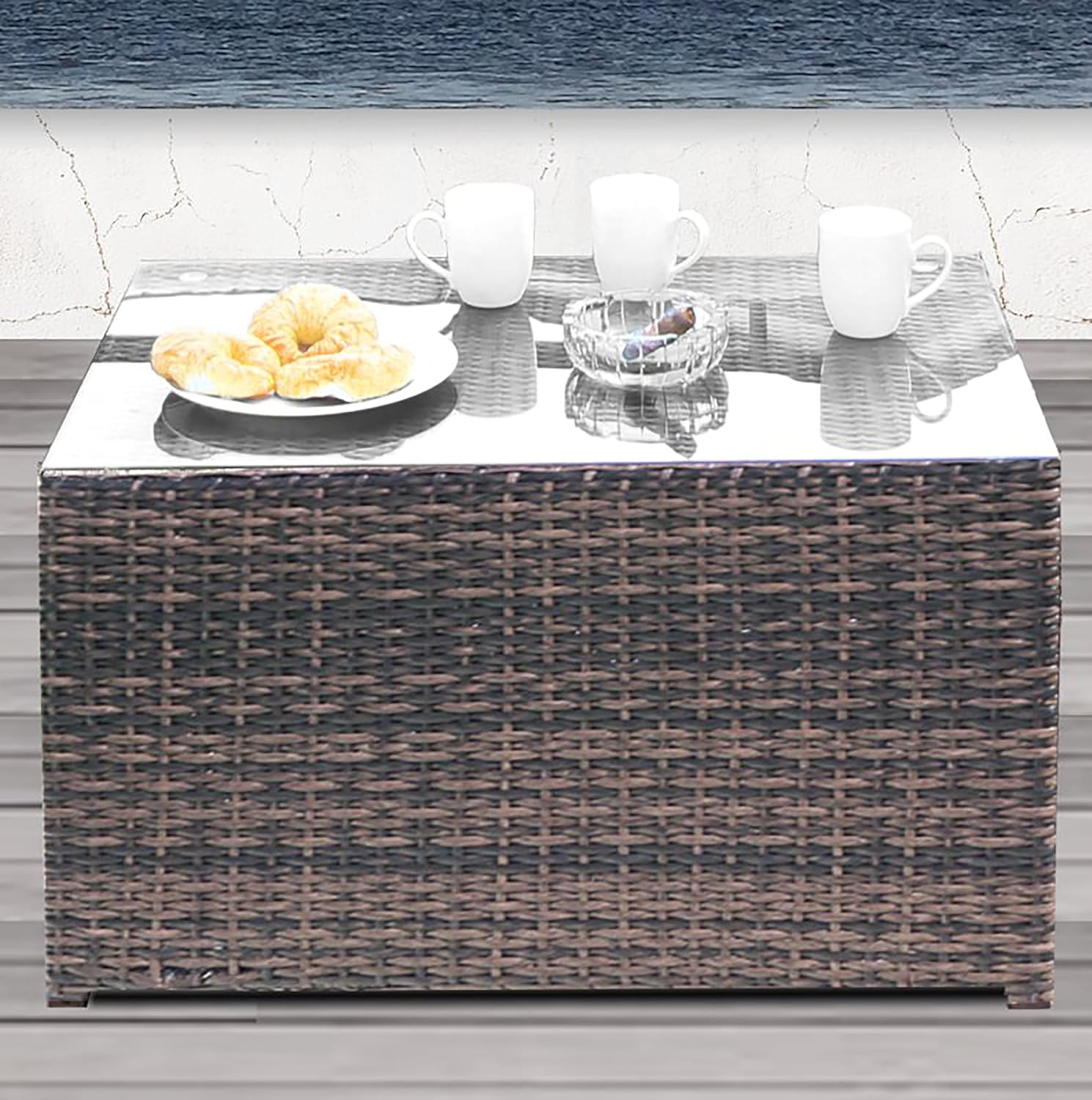 Charming Rectangular Fire Pit Table for Relaxation, Elegant Glass Top and Wicker Base, Outdoor Gatherings, Brown