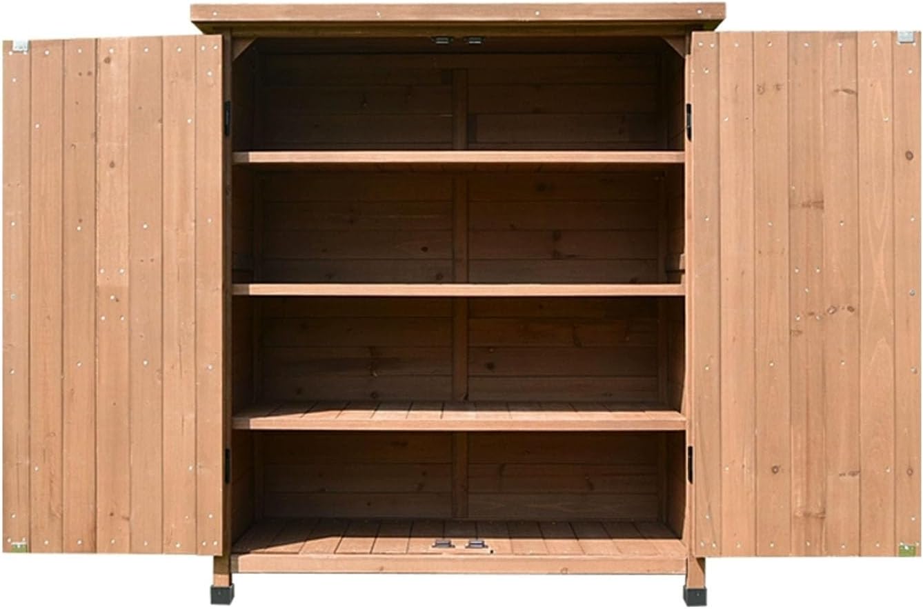 Large Vertical Outdoor Storage Box Adjustable Foot Pads, Wooden Outdoor Storage Cabinet with Doors Galvanized Cabinet Top for Delivery Patio Garden and Porch(Brown)