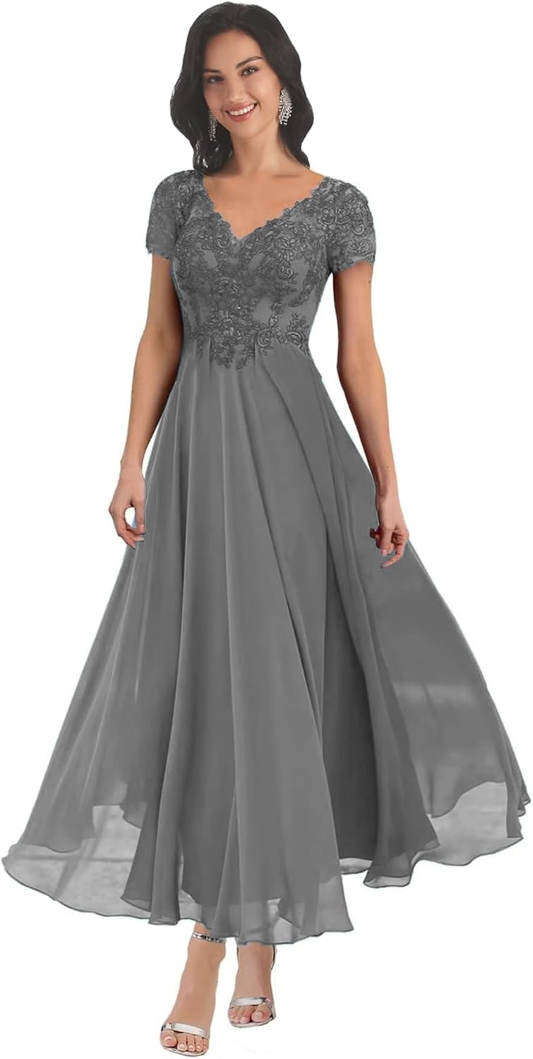 BANTRATIC Mother of The Bride Dresses for Wedding Lace Appliques V Neck Short Sleeve Corset Chiffon Back Bridesmaid Dress