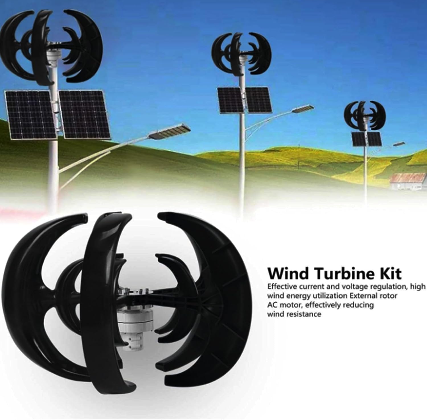 3000W Wind Turbine, 5-Blade Wind-Solar Hybrid Power Generation System, Three-Phase AC Permanent Magnet Generator with Controller
