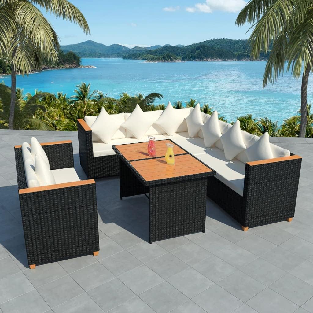 5 Piece Patio Lounge Set with Cushions Poly Rattan Black Garden Furniture