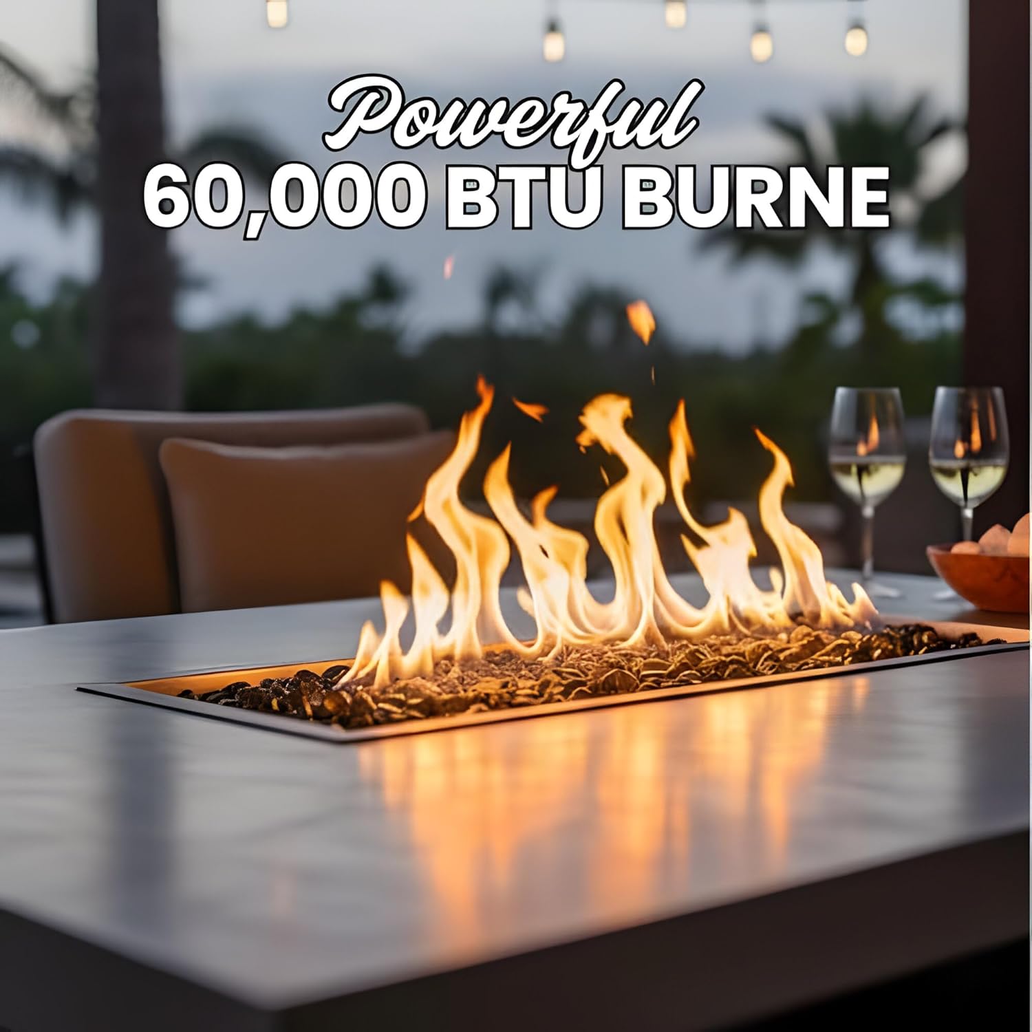 COOKE Palisades Rectangular Fire Pit Table - 52x36 - Chat Height - Propane - Brushed Aluminum Top with 3cm Edge - Black Powdercoat Base