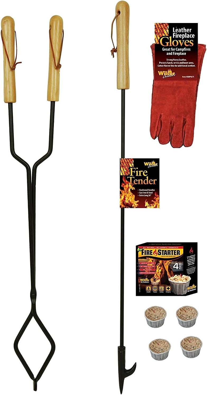 Fireplace Fire Pit Campfire Tool Gift Set – Firetender Tongs Poker Gloves and 4 Pack Firestarters