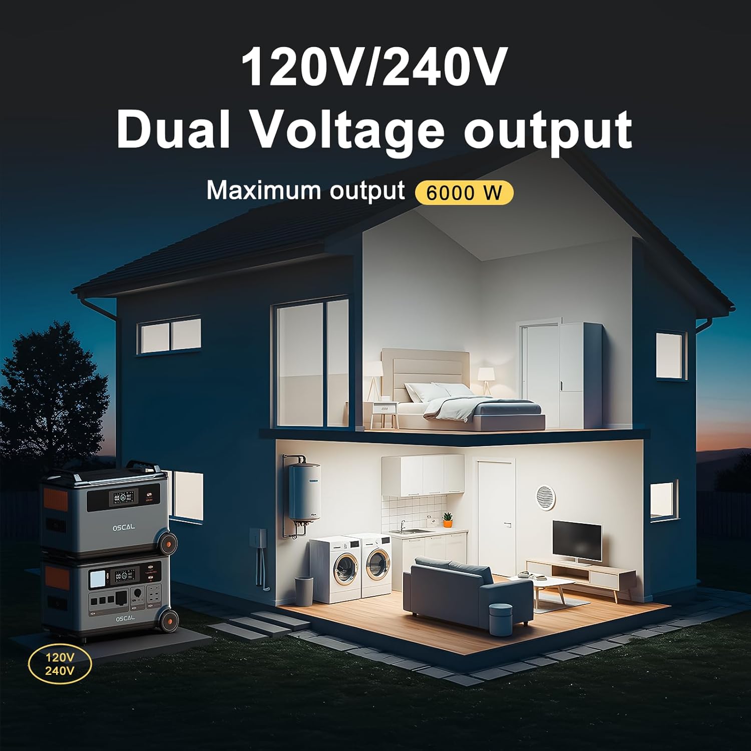 OSCAL PowerMax 6000 120V/240V Solar Generator with 2×400W Solar Panel, 6000W AC Outlets (9000W Peak) 3600Wh Power Station, 2200W AC Charging/2400W Solar Charging, Emergency for Home, Battery Backup