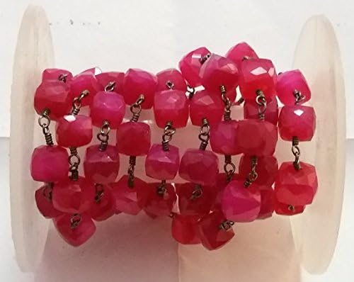 3 Feet Fuchsia Pink Chalcedony Cube Beaded Chain - Fuchsia Chalcedony Box Qxidized Wire Wrapped Chain - Chalcedony Cube Size 7-8mm
