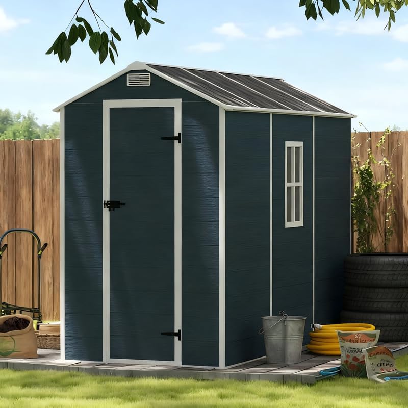 4x8 FT Resin Outdoor Storage Shed with Floor and Window, Outside Waterproof Plastic Garden Sheds w/Lockable Door & Vents, All-Weather Tool House for Patio, Backyard, Lawn, Dark Gray