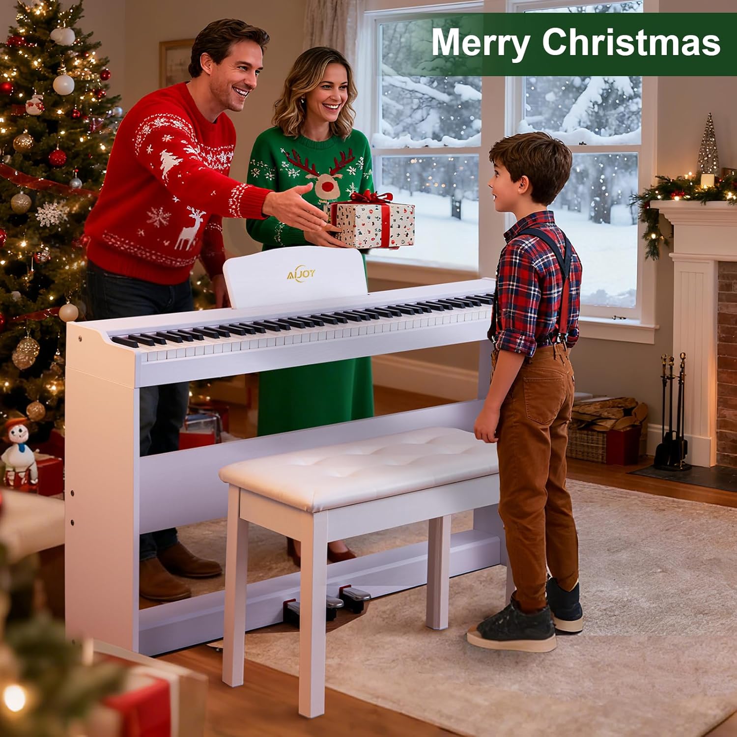 AiJoy Duet Solid-Wood Piano Bench for Digital Pianos, Waterproof PU Leather Padded Seat with Storage Compartment, Ideal for Home, Living Room & Vanity (White)