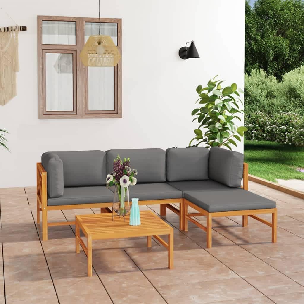 5 Piece Patio Lounge Set with Gray Cushions Solid Teak Wood,Teak Patio Lounge Set with Gray Cushions: Comfort and Style for Your Outdoor Space Patio Furniture Sets, Outdoor Furniture Sets