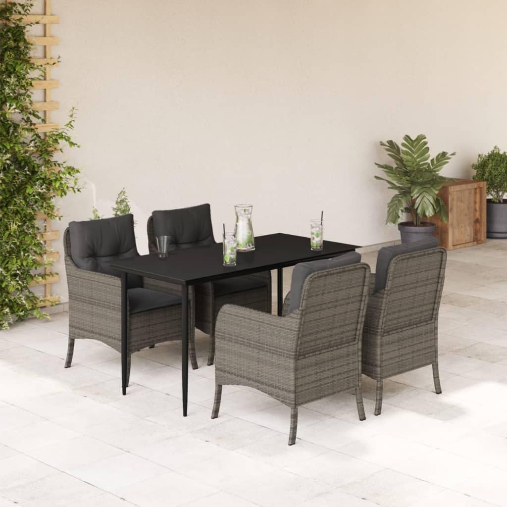 5 Piece Patio Dining Set with Cushions Gray Poly Rattan Garden Furniture