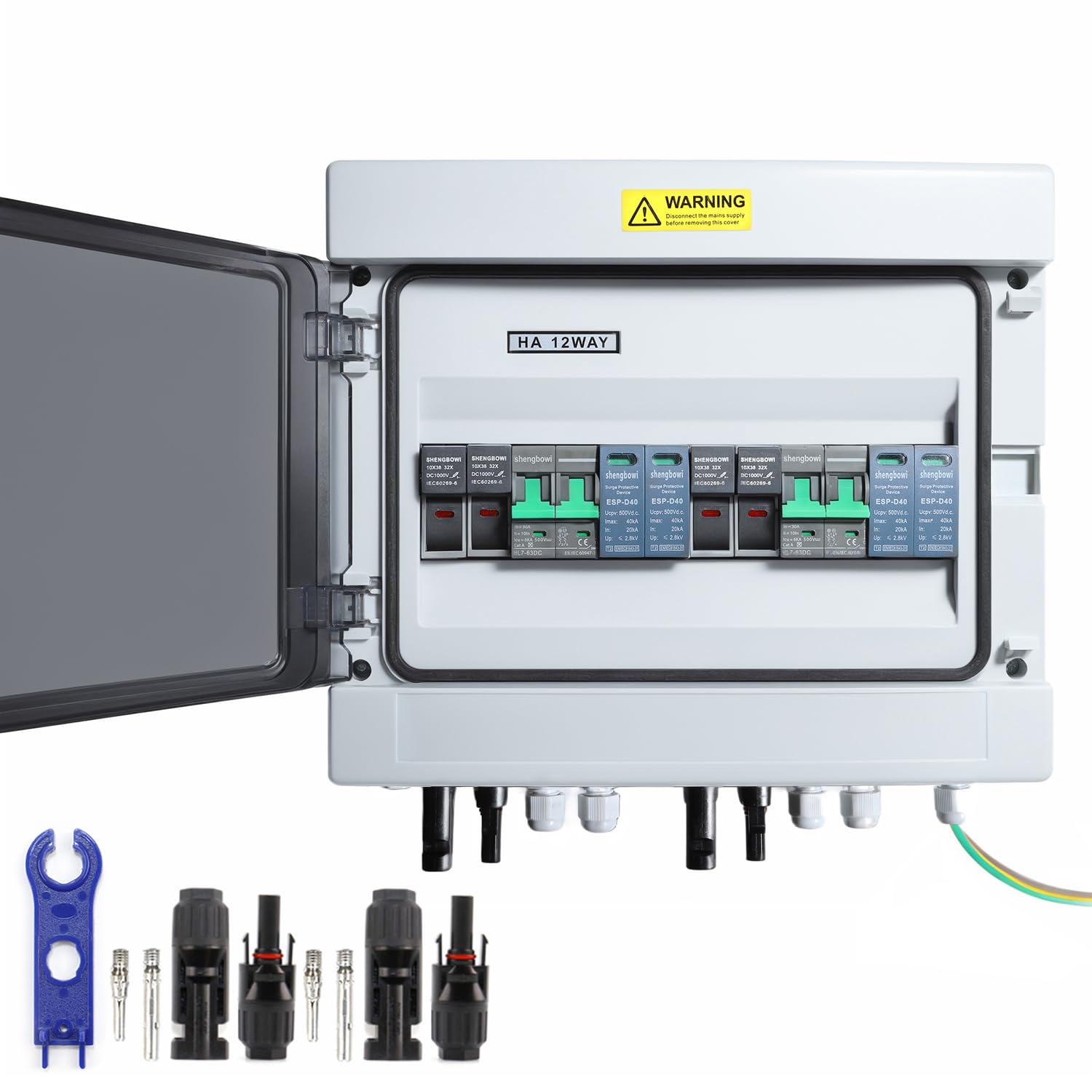 2 String Solar PV Combiner Box 2 in 2 Out IP65 DC500V 32A Circuit Breaker Surge Protector PV Fuse Solar Disconnect Switch Outdoor Waterproof Solar Panels System