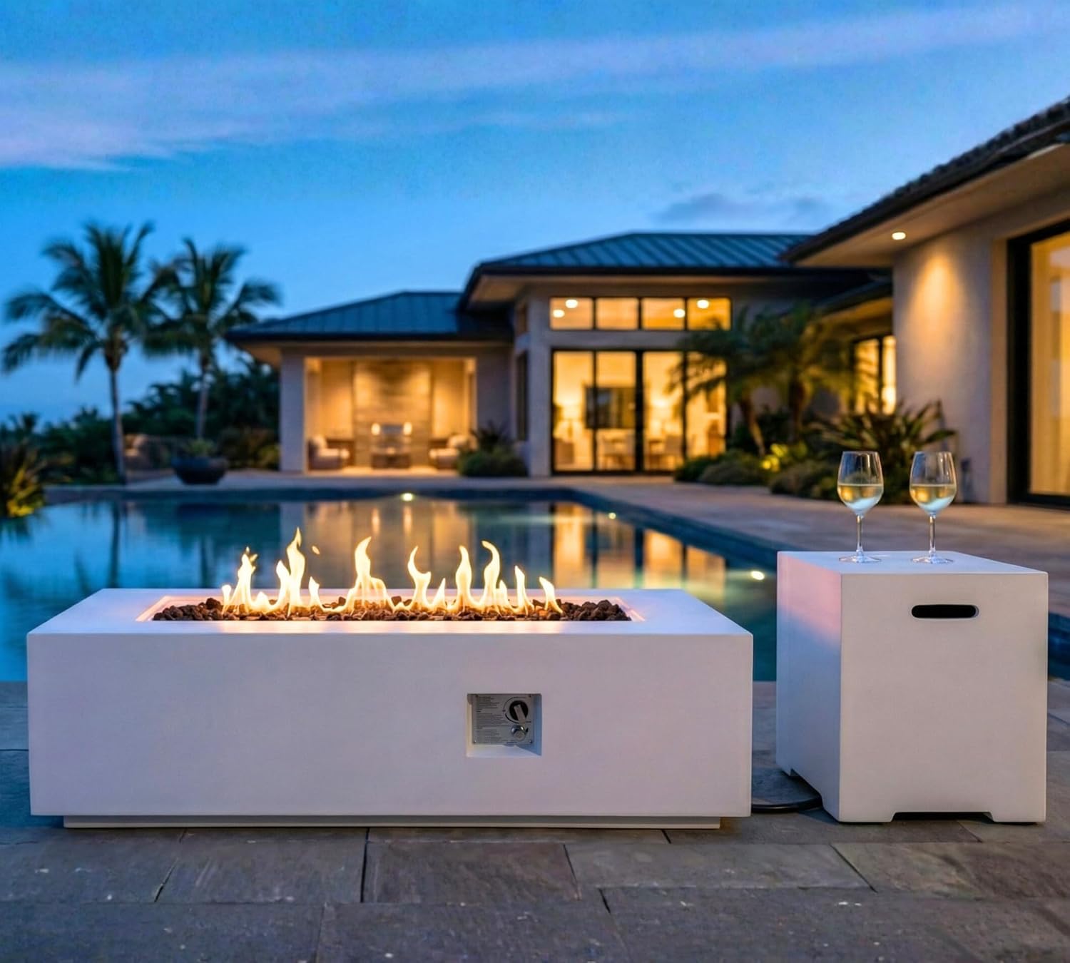 60-Inch Outdoor Gas Propane Fire Pit Table with Propane Tank Cover,Set-2-Piece,60,000 BTU Concrete Fire Pit with Free Rain Cover, Tank Seat, Lava Rocks, for Outside Patio Backyard,White