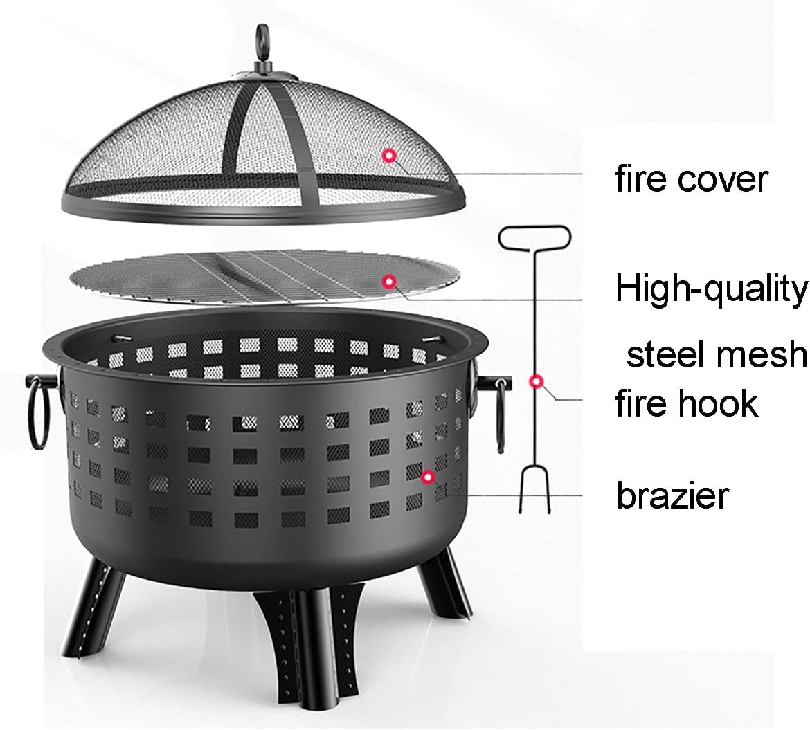 25.5inch Outdoor Wood Burning Fire Pits， Round Basin Camping Fire Pit，Household firewood Basin,with Ornate Black Base, Wood Poker, & Mesh Screen，for Patio Backyard Deck (Color : Black)