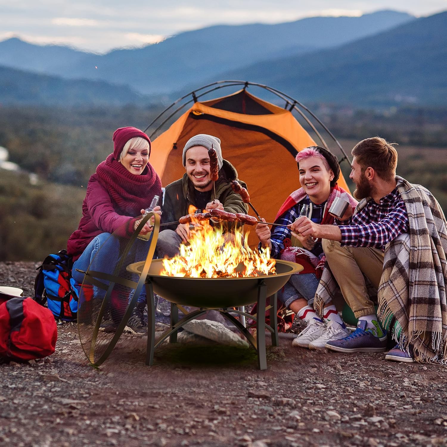 Fire Beauty Fire Pit for Outside Wood Burning,BBQ Grill Steel Fire Bowl with Spark Screen Cover,Log Grate,Poker for Camping Beach Bonfire Picnic Backyard Garden