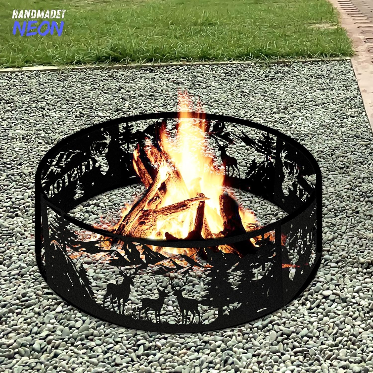 Personalized Fire Pit Ring 360 Degree, Outdoor Fireplace, Custom Text Fire Pits for Outside, Patio Firepit, Camping Bonfire Firepits, Garden BBQ Backyard Decor (Deer)