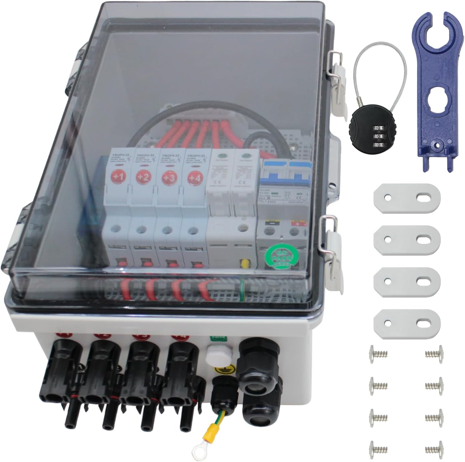 4 String PV Combiner Box, Solar Combiner Box with Lightning Arreste, 15A Rated Current Fuse and Circuit Breaker, Waterproof Combiner Box for On/Off Grid Solar System(Transparent, with Lock)