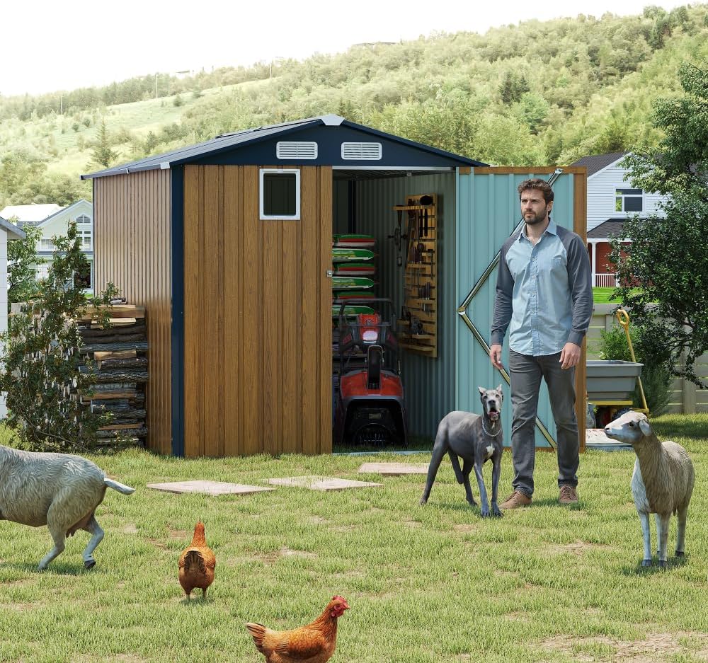 Outdoor 10×12 FT Metal Storage Shed for Backyard – Heavy-Duty Steel Structure with Lockable Double Doors, Weather-Resistant Garden Tool & Equipment Storage House (Yellow + Metal)