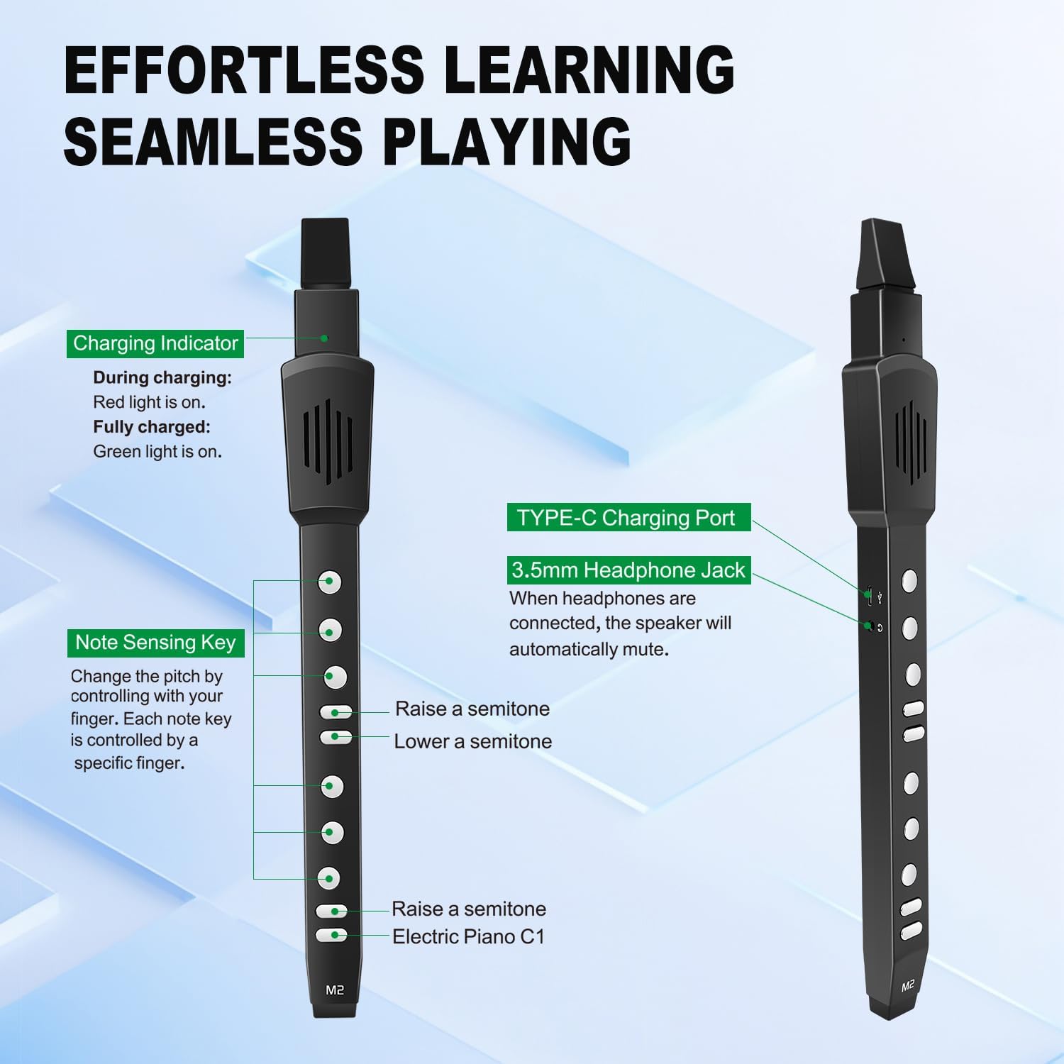 EX Electric Digital Wind Instrument, Electric Saxophone, with 12 Tones, 3 Fingering Modes, 3-Octave Range, Auto Vibrato & Transpose, Bluetooth MIDI & Rechargeable, Black