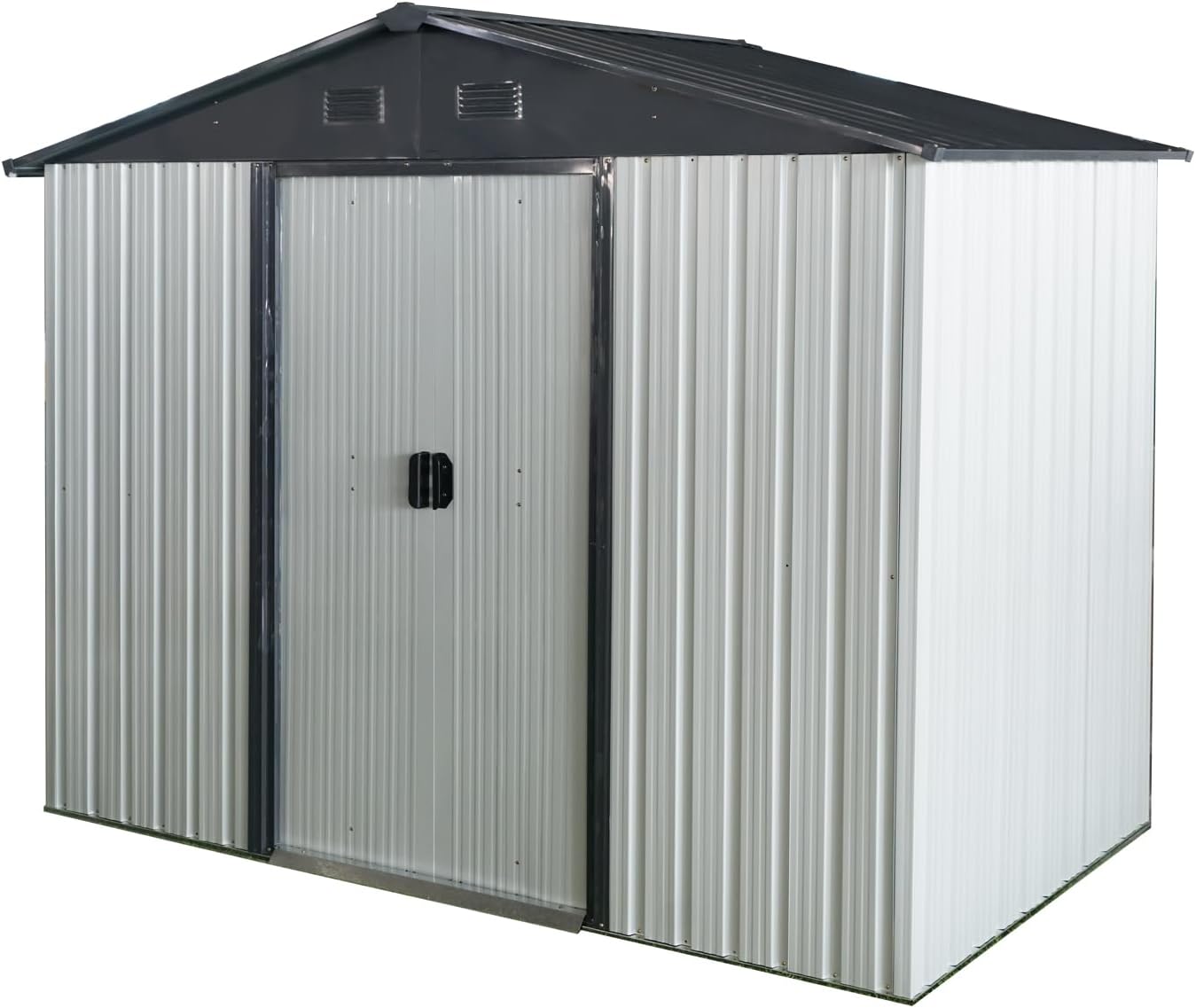 8 x 4 FT Outdoor Storage Shed, Metal Garden Shed with Sliding Door & Foundation, Tool Shed Tiny House Vertical Outside Storage Building for Backyard, White and Black