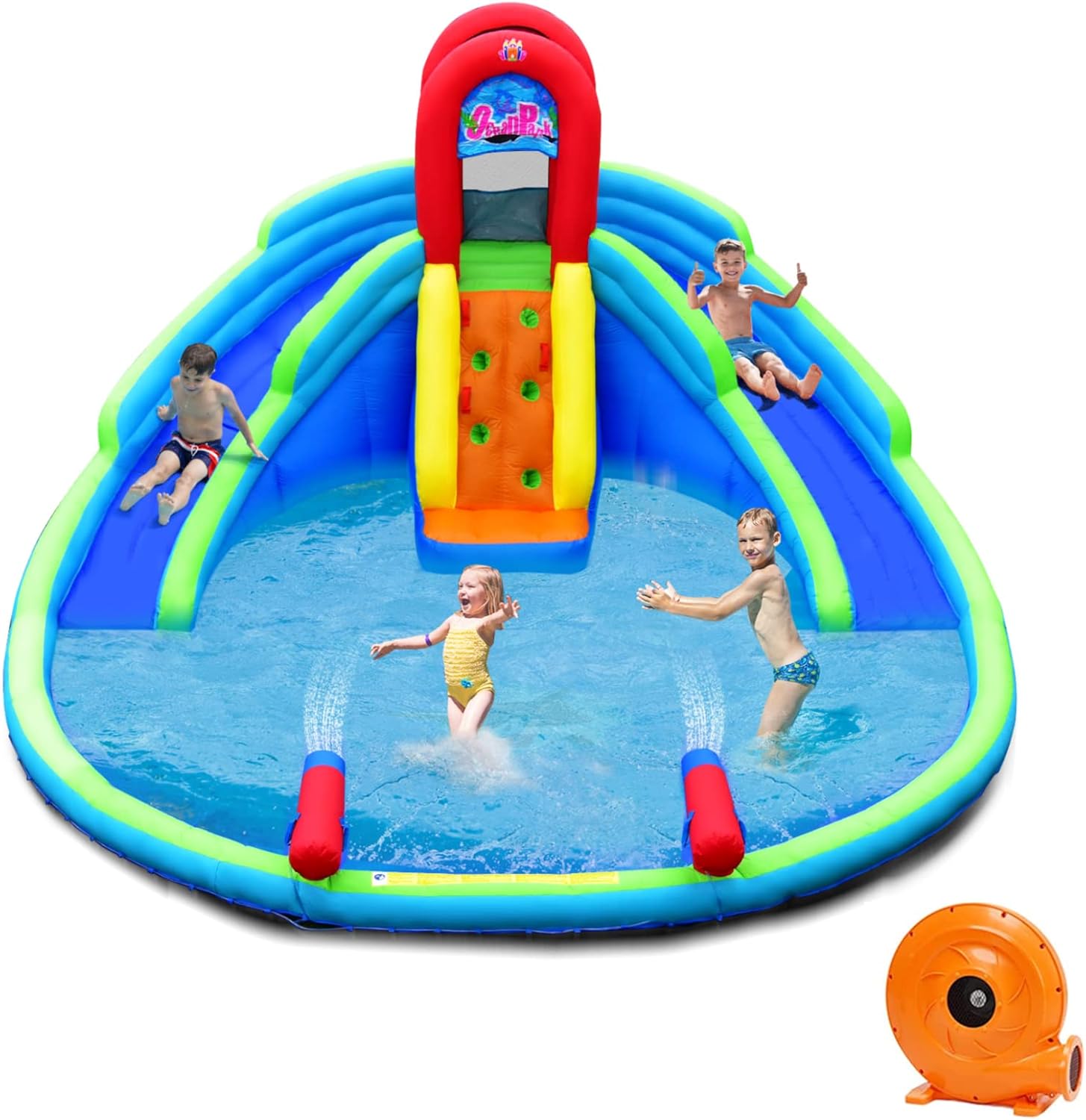 HONEY JOY Inflatable Water Slides, Kids Jumping Bounce House w/Long Slides, Climbing Wall & Large Splash Pool, Water Cannons & Hose for Summer Fun, Blow up Water Park for Backyard (with 780w Blower)