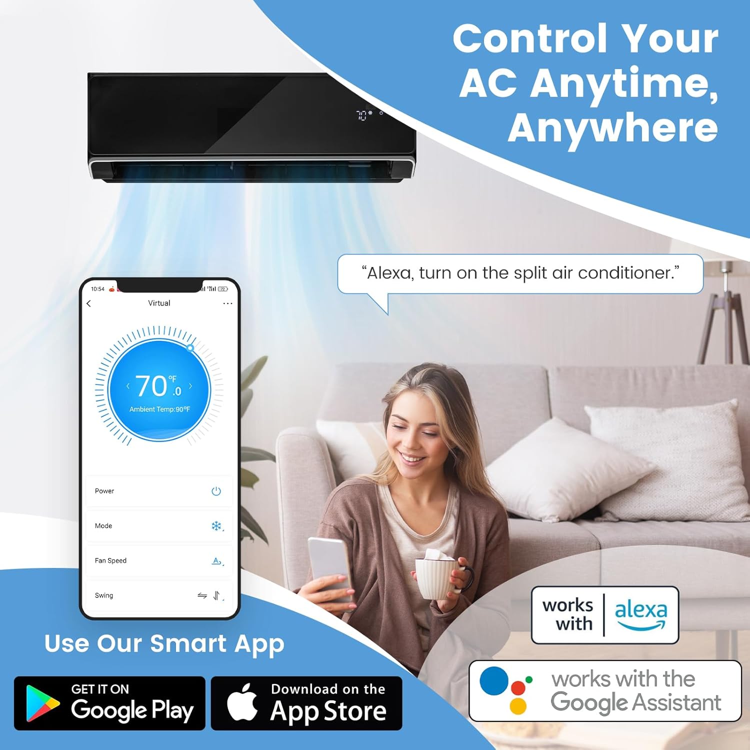 SIMOE 12,000BTU Mini Split Air Conditioner& Heater, 22 SEER2 Wall-Mounted Ductless AC Unit Cools Rooms up to 750 Sq. Ft, Compatible with Alexa, Inverter AC with 1 Ton Heat Pump, Black