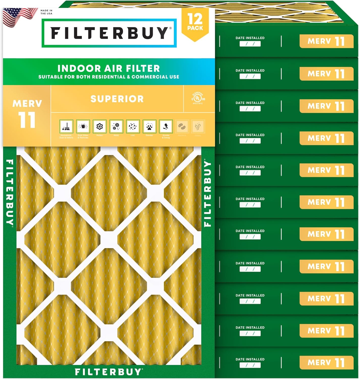 Filterbuy 10x30x2 Air Filter MERV 11 Superior Pet & Allergy Defense (12-Pack), Electrostatic Pleated HVAC AC Furnace Filters Replacement, Made in USA (Actual Size: 9.50 x 29.50 x 1.75)