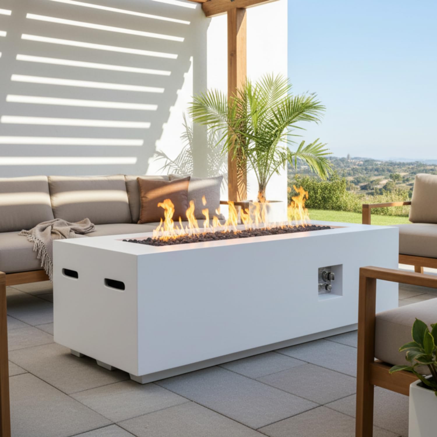 Outdoor Rectangle Propane Fire Pit Table 60Inch Magnesium Oxide White Material Outdoor Garden, Patio Cozy Evenings