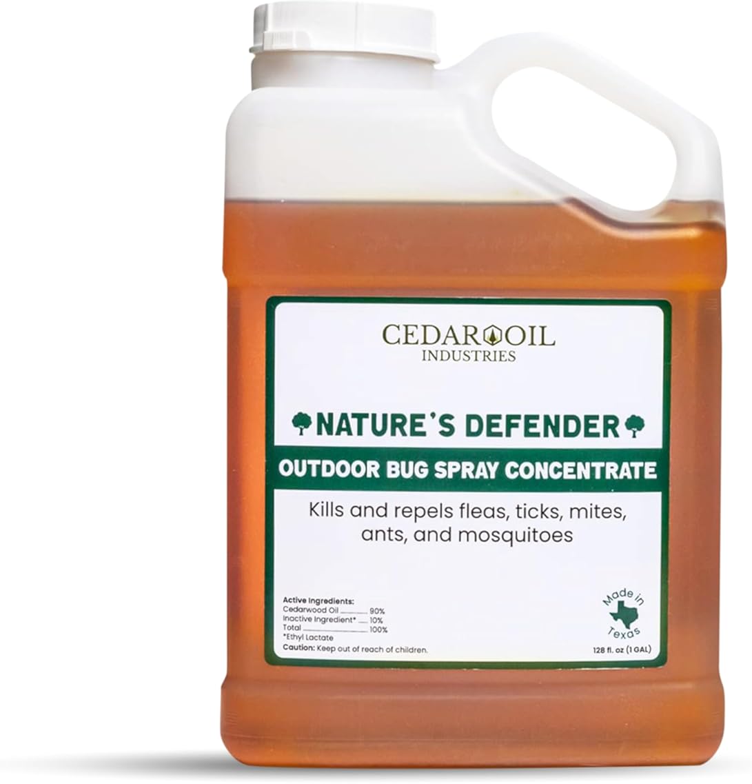 Nature's Defender Outdoor Pest Control Spray – All-Natural Cedarwood Oil Formula for Mosquitoes, Ticks, Fleas, and Ants – Safe for Pets, Kids, & Plants – 128 oz (1Gal) Concentrate Treats 160,000 sq.ft