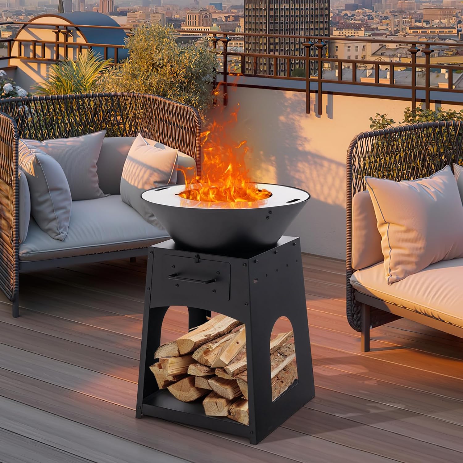 Tangkula Outdoor Fire Pit with Storage, Patio Wood Burning Fireplace with Grill & Ash Box, Spacious Bottom Storage Compartment, Fire Poker & Gloves Included, Multifunctional Fire Pit for BBQ, Bonfire