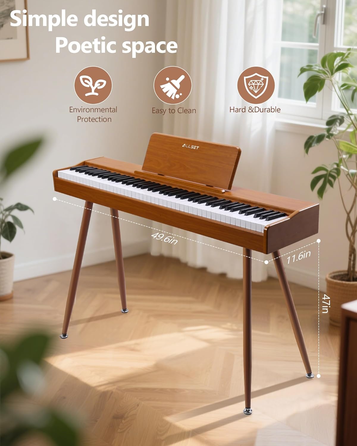ALLSET 88-Key Digital Piano | Fully-Weighted Hammer Action & Concert Grand Sound | Compact Upright Design in Warm Brown Wood | Includes 3 Pedals & USB/MIDI for Beginners & Home Use | HP-740