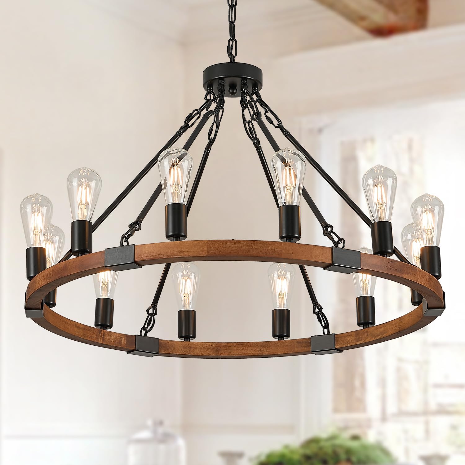 31.5'' Wooden Wagon Wheel Chandelier Farmhouse 12 Lights Wood Round Chandelier Black Rustic Light Fixture for Living Dining Room Entryway Foyer Kitchen