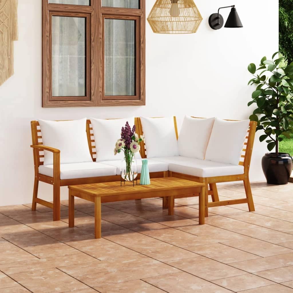 4 Piece Patio Lounge Set with Cushion Cream Solid Acacia Wood,Elegant Patio Lounge Set Acacia Wood 4 Piece Outdoor Use Patio Furniture Sets, Outdoor Furniture Sets, Corner+middle+bench+table