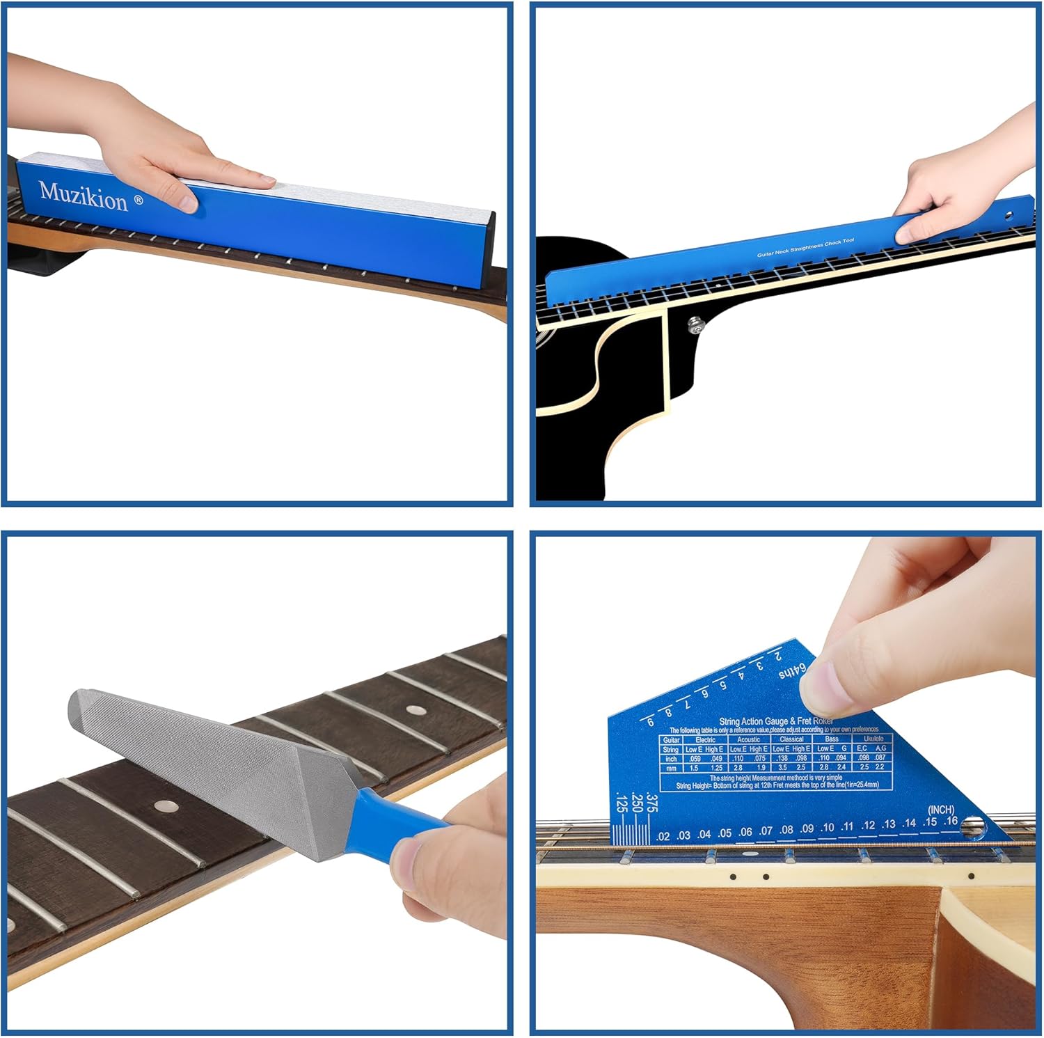 Luthier Tool Kit, Fret Leveling Kit, Pro Guitar Setup Tool Set with Guitar Neck Notched Straight Edge, 16in Fret Leveling Beam, Fret Crowning File, Fret End Dressing File, Fret Rocker