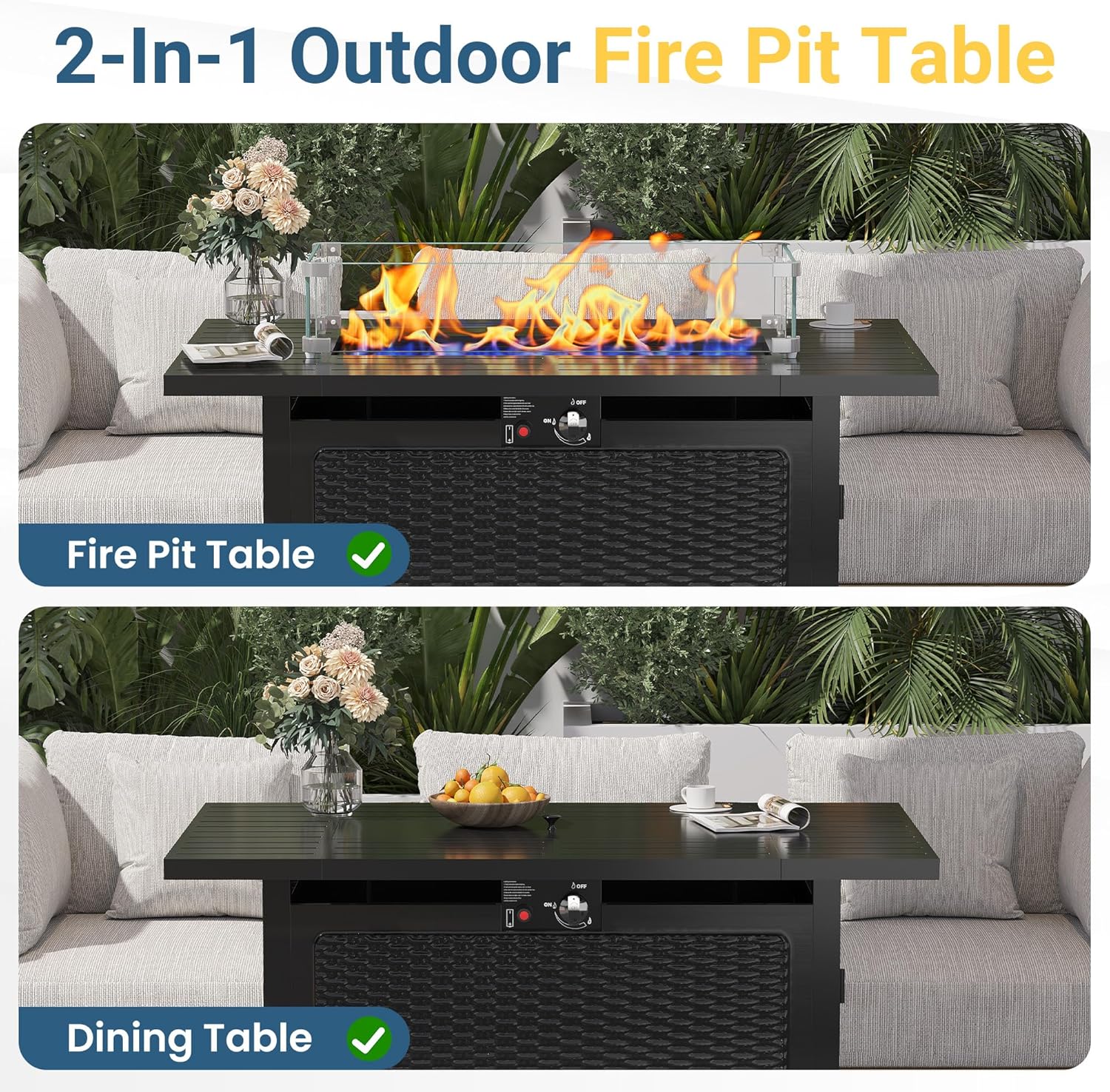 43” Outdoor Propane Fire Table Set with Heavy-Duty Glass Stones, Glass Wind Guard, Lid & Water-Resistant Cover, 50,000 BTU Metal Fire Pit Table, Rectangle Fire Pit Table for Patio, Deck