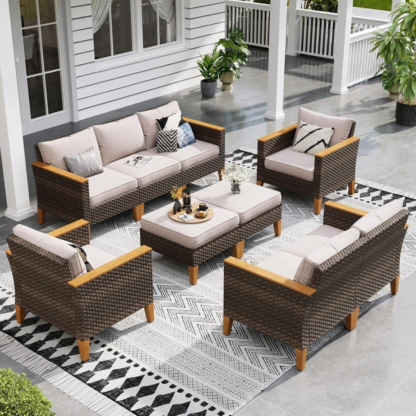 Sophia & William Wicker Patio Furniture Set, Outdoor Rattan Sectional Sofa 9 Piece Patio Conversation Set with 4 x Corner Sofa, 2 x Single Chairs, 1 x Armless Couch, 2 x Ottoman for Deck, Backyard