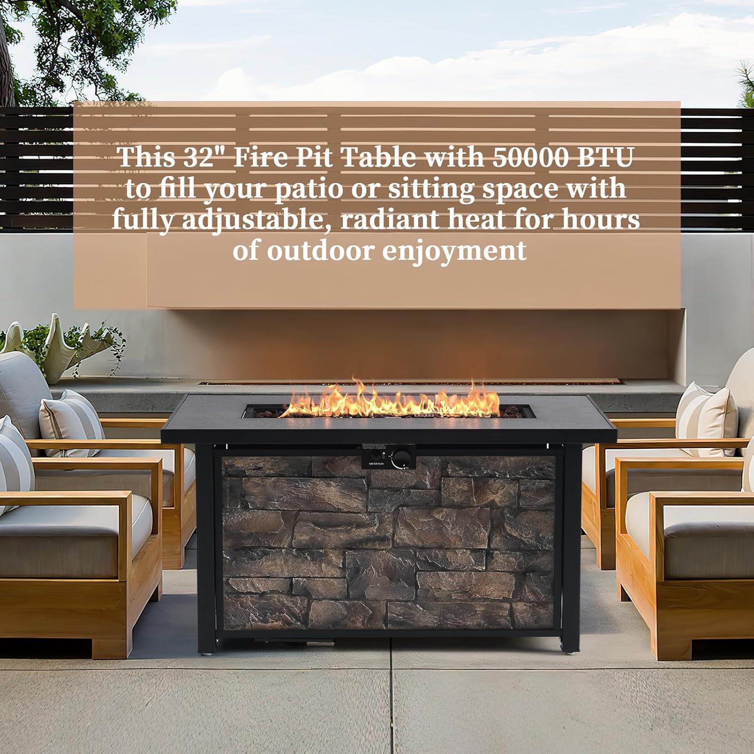 48'' Rectangular Outdoor Propane Fire Pit Table, 50000 BTU Patio Heater with Stone-Look Panel, Ceramic Tabletop & Aluminum-Coated Steel Tube Legs, Lava Rocks, Metal Lid and Rain Cover