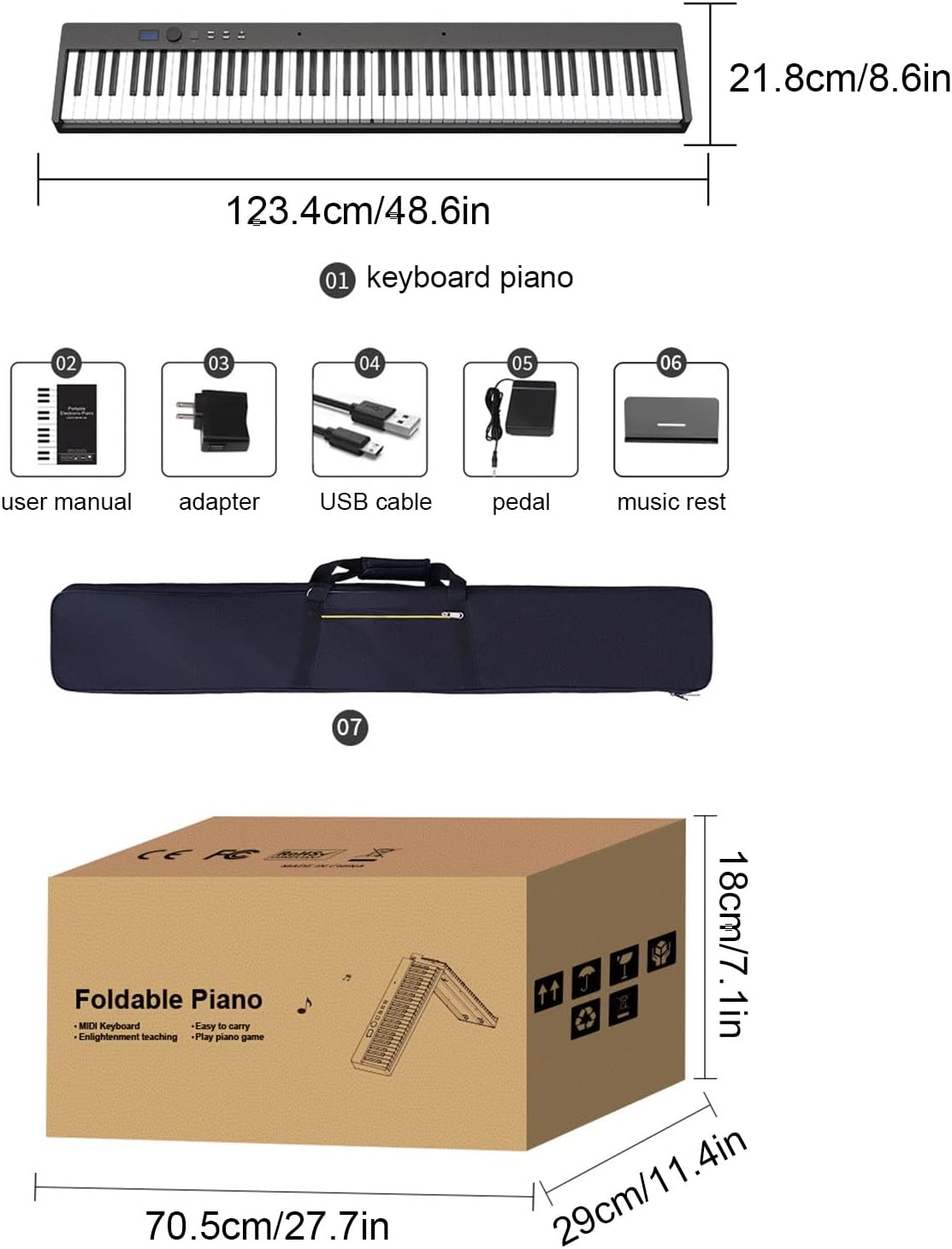 88 Keys Foldable Keyboard Piano Digital Piano With Rechargeable Battery Professional Electric Piano 12h Running Time, Including Sustain Pedal for Beginners