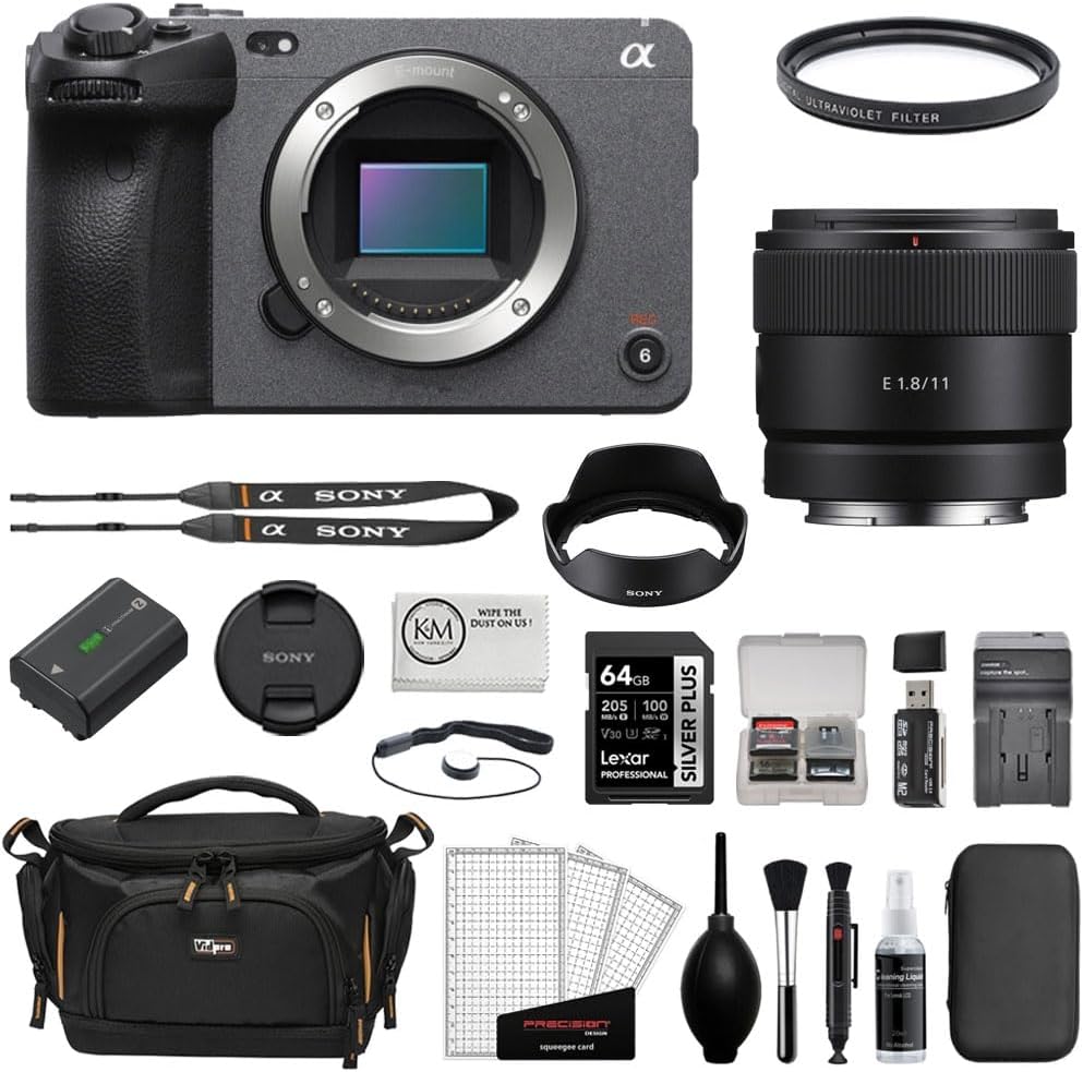 Sony FX30 Digital Cinema Camera Bundle with Sony E 11mm f/1.8 Lens + UV Filter + 64GB Memory Card + Battery Charger + Memory Card Reader + Camera Bag + Cleaning Kit + Cloth (12 Items)
