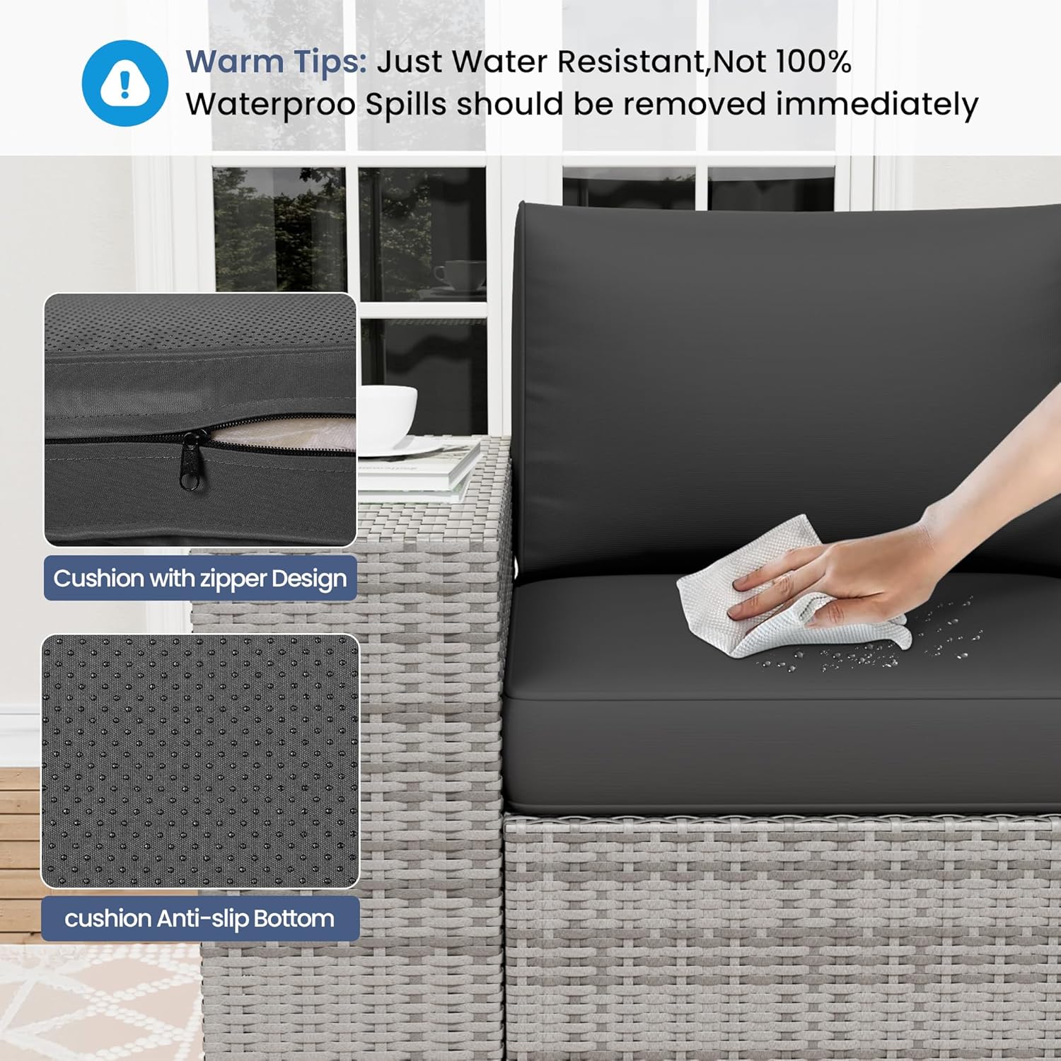 Amopatio Outdoor Sectional Furniture Set with Fire Pit Table, 7-Piece Grey Rattan Wicker Conversation Couch Set for Porch Garden Backyard Balcony Poolside, Black