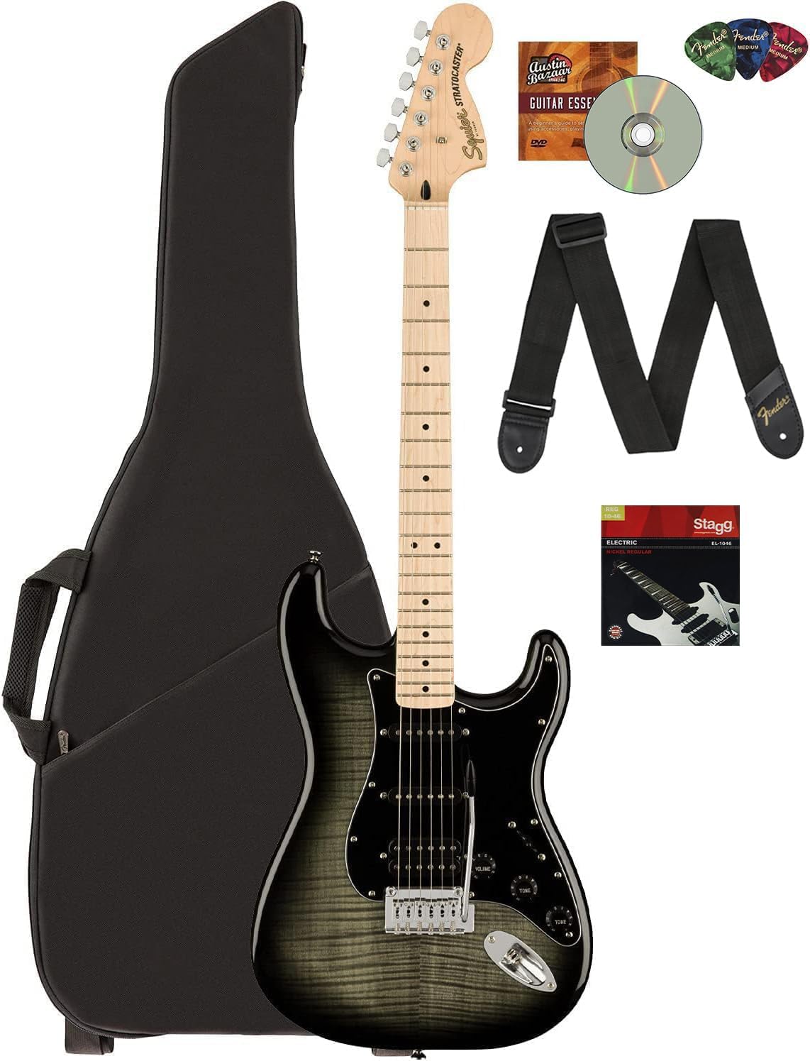 Fender Squier Affinity Stratocaster FMT HSS - Black Burst Bundle with Gig Bag, Strap, Strings, Picks, and Austin Bazaar Instructional DVD