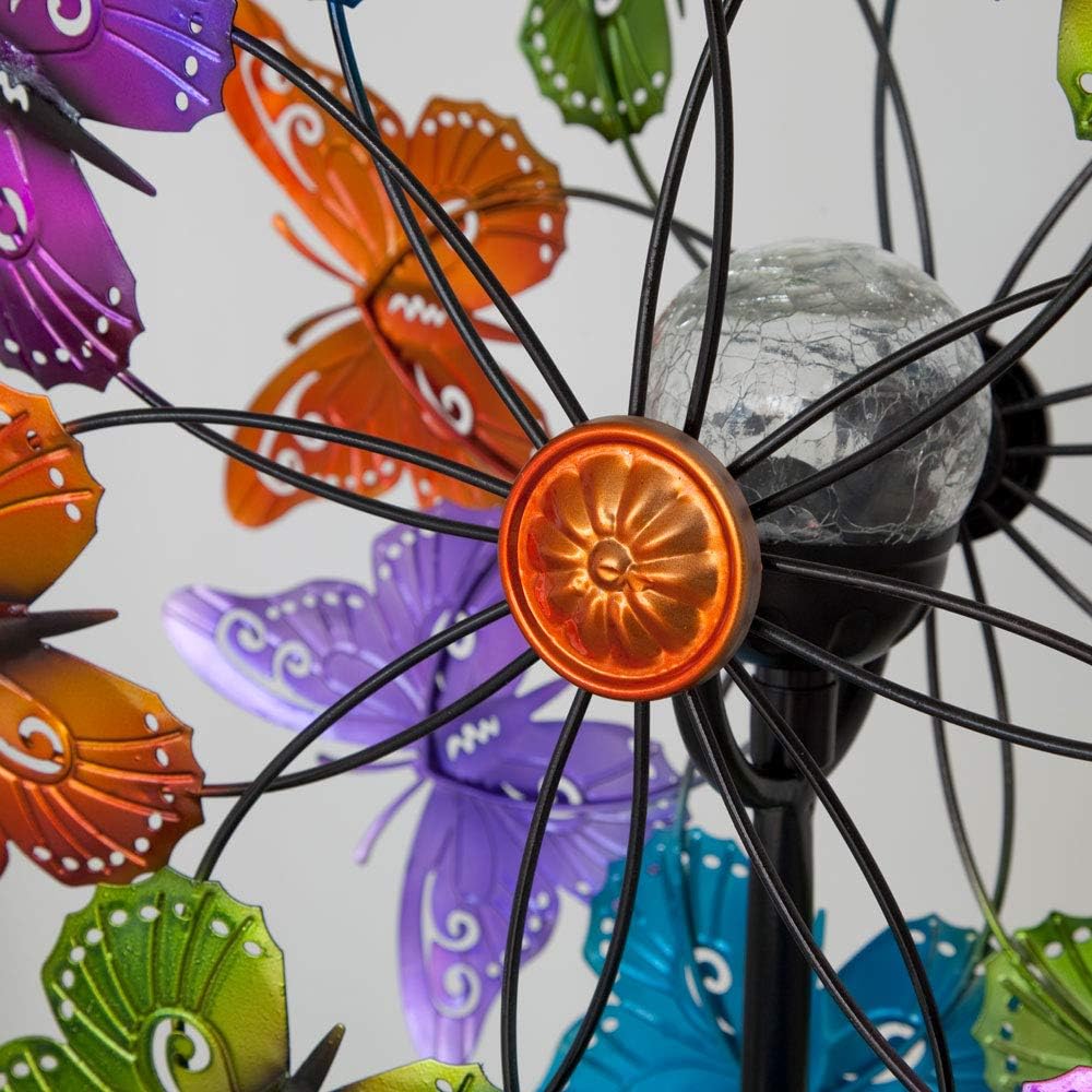 Bits and Pieces - LED Butterfly Solar Wind Spinner-Solar Powered Glass Ball Emits Color-Changing Light - Made of Metal and Steel