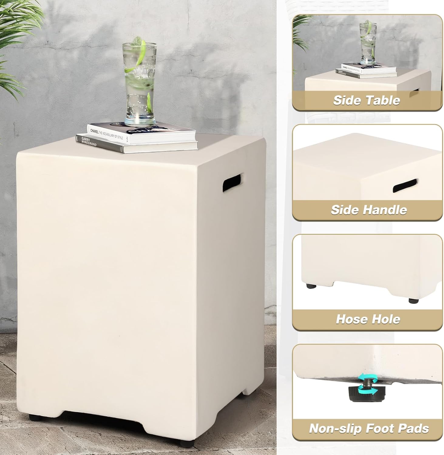 56-inch Outdoor Propane Gas Fire Pit Table Set - 2-Piece 50000 BTU Concrete Rectangular Firepits with Tank Cover, Fire Glass, Rain Cover, White Fire Table for Outside Patio, Garden Party