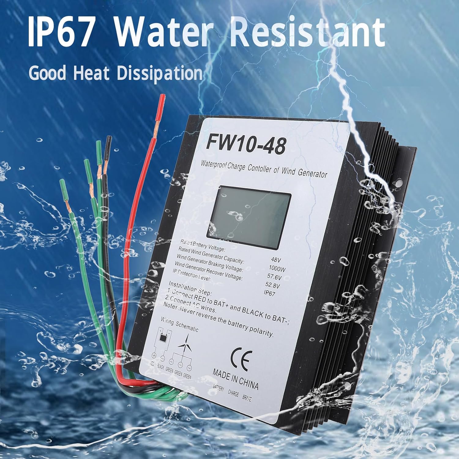 SIXRUN 48V Wind Turbine Charge Controller, IP67 Water for 1000W Generator, Thunder Prevention, Protection, Suitable for Wind Turbine Braking and Recovery