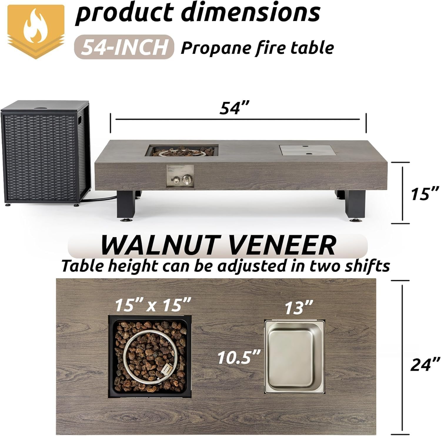 Propane Fire Pit Table, Outdoor Gas Firepit, Smoke-Free Rectangular Fire Table for Garden Patio Porch Backyard, Large Fire Pit Table (Grey, 54-inch)