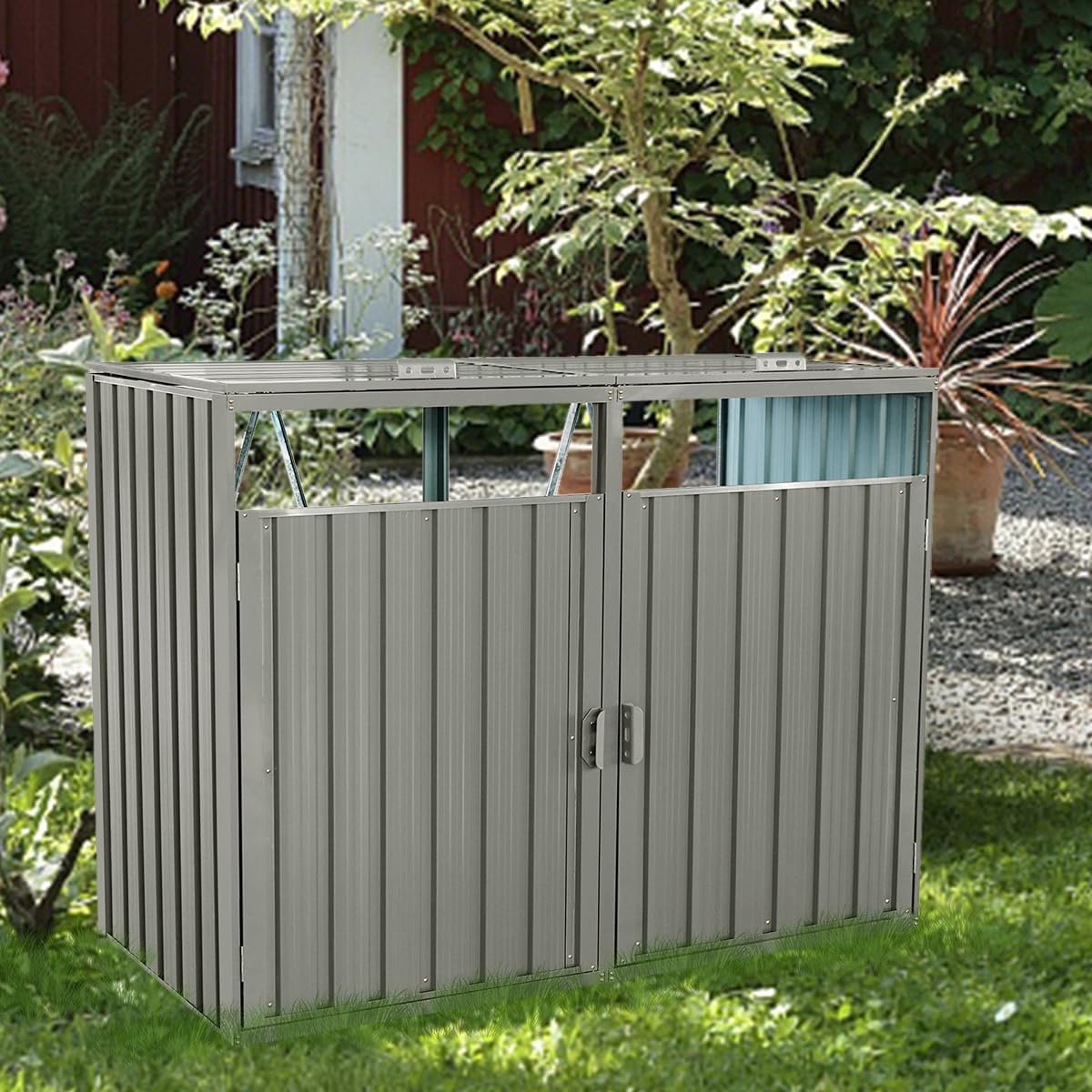 Outdoor Garbage Bin Shed, Metal Trash Bin and Recycling Storage Sheds for 2 Trash Cans, Waterproof Garbage Storage House for Garden Patio Yard Lawn, Gray