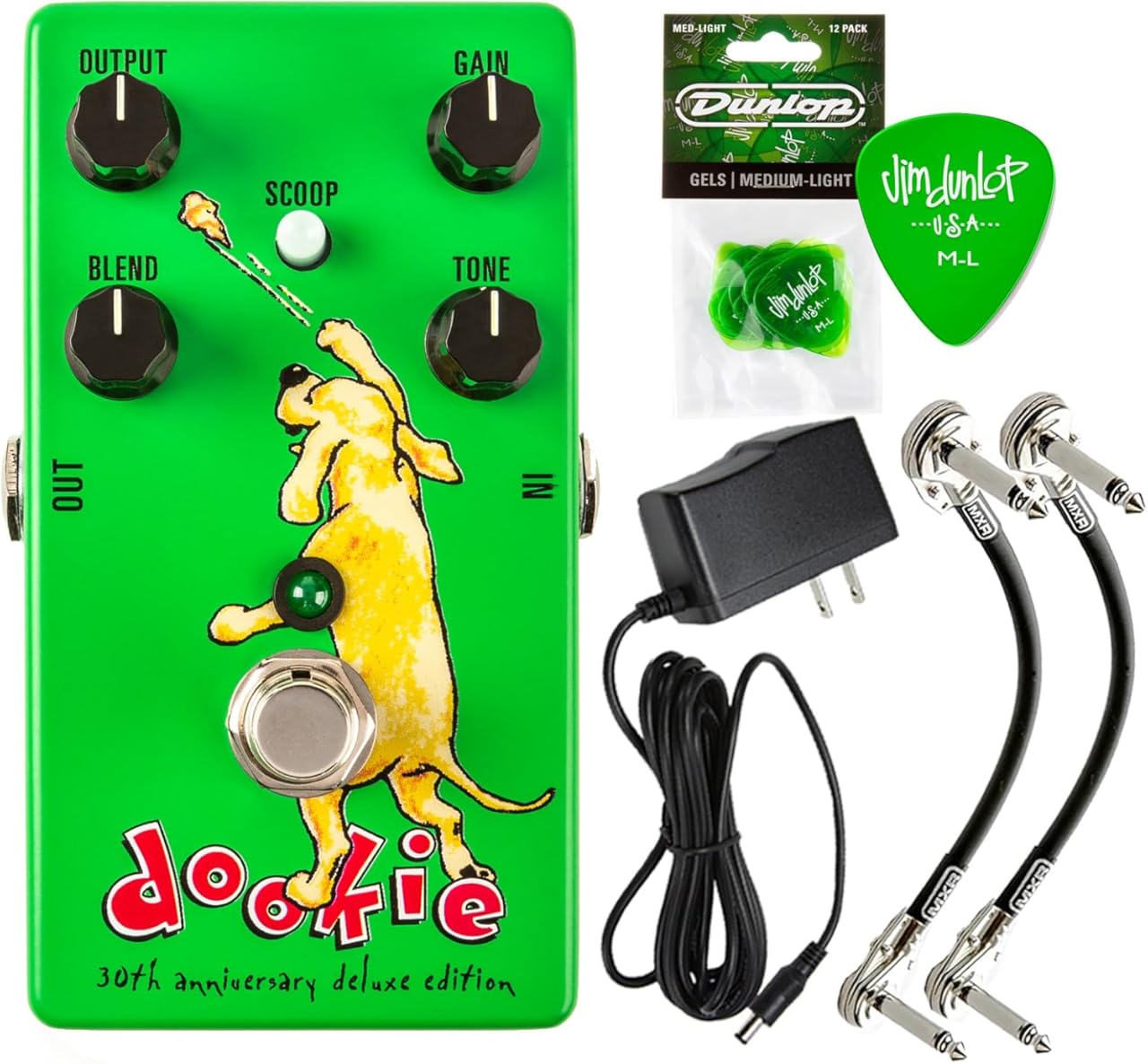 MXR DD30 Green Day Dookie Drive/Crunch Gain Pedal - 30th Anniversary Deluxe Edition Effects Stompbox with Tonebird 9V Power Supply, Patch Cable, Dunlop Picks Bundle