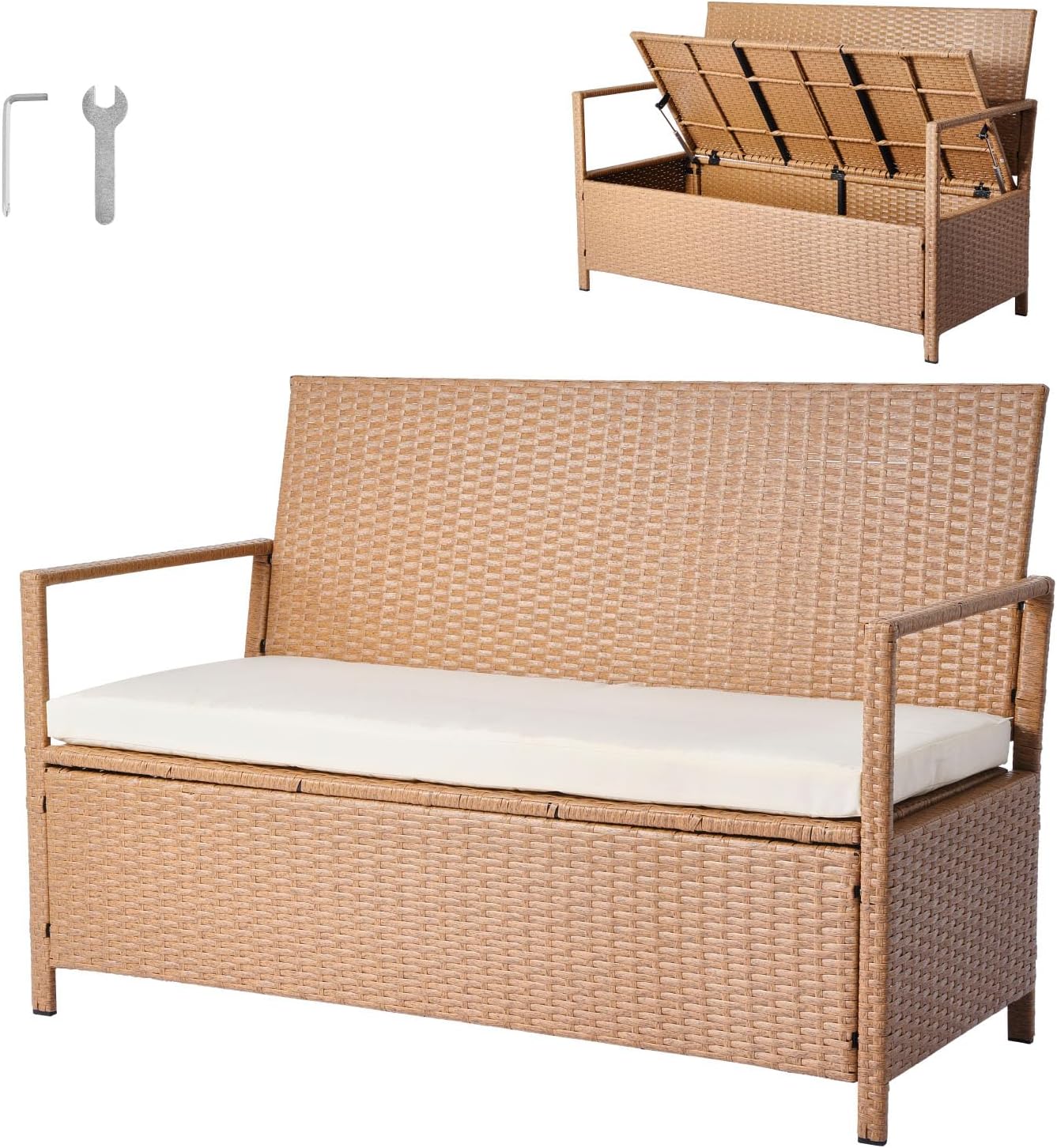 VEVOR Outdoor Storage Bench, 2-Person PE Rattan Storage Bench, 70 Gal Deck Box with Cushion, Supports up to 265 lbs, Weatherproof Outdoor Seating & Porch Decor for Patio Garden Balcony Yard